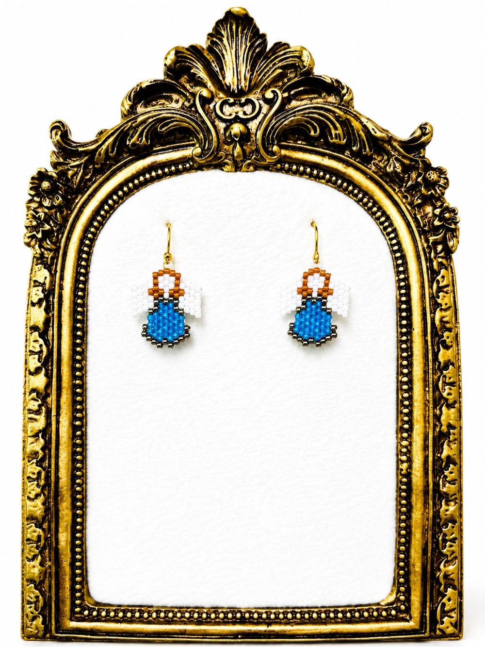 Handmade Beaded Angel Drop Earrings in Blue and White
